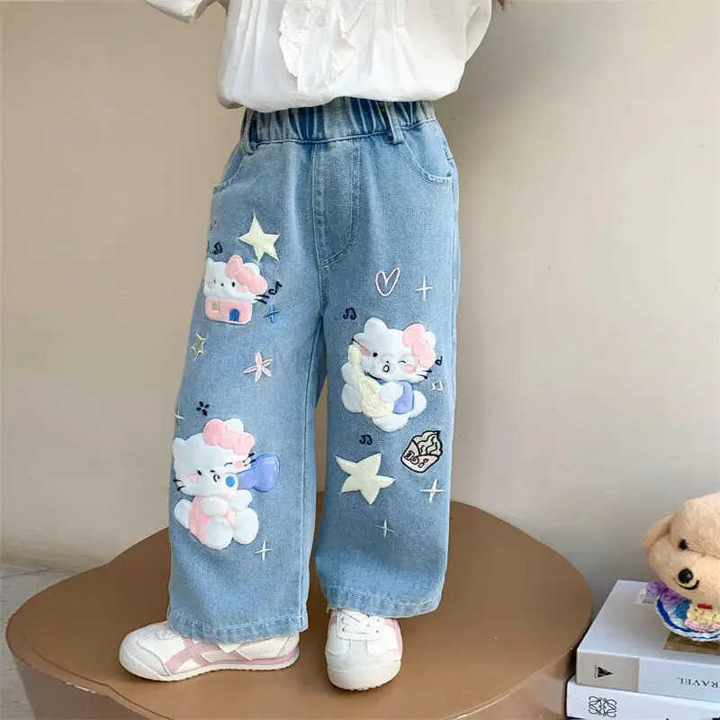 Sanrio Hello Kitty Jeans Girl Spring Autumn StraightLeg Pants Child Versatile Kawaii Anime Cartoon Fashion New Casual Clothing L250925