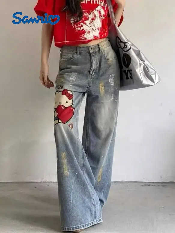 Sanrio Hello Kitty New 2025 Cartoon Cute Jeans Creative Womens Loose and Comfortable Straight Leg Wide Leg Pants Holiday Gifts L250925