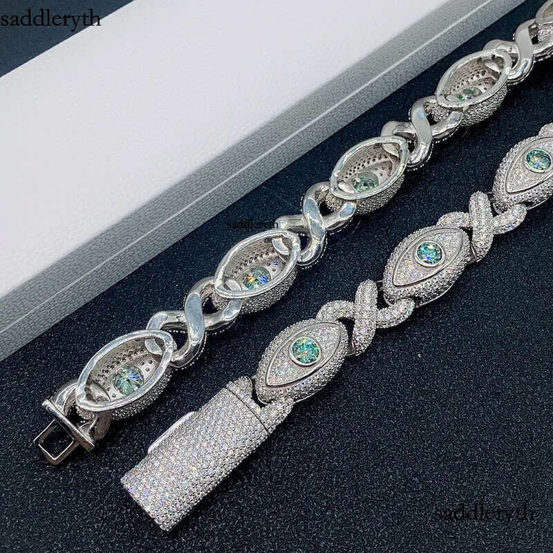 INS hot selling 15mm wide S sier inlaid moissanite eyes 8-shaped Cuban chain Hip Hop necklace bracelet