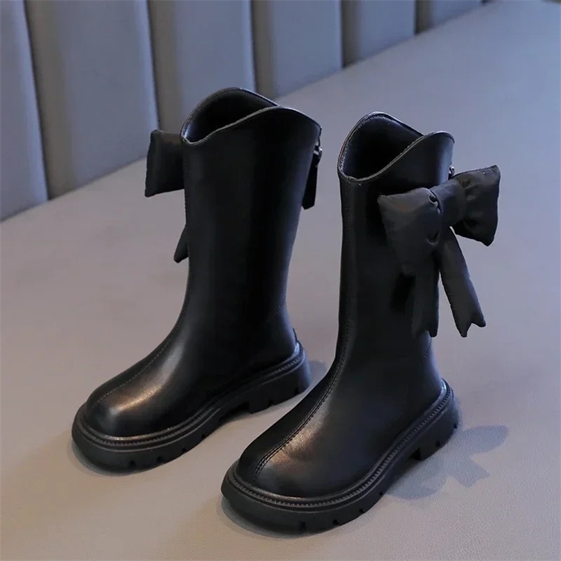 Girls Long Boots Black Pu Leather Bowtie Chunky Fashion Children Winter Boot Warm Bowknot Round Toe Knee-high Kids Shoes 27-37 241106