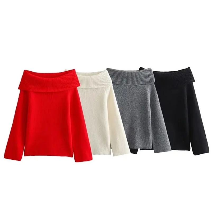 TRAFZA Womens Fashion Solid Shoulder Sweater Long Sleeve Knitted Pullover Sweater Autumn Womens Casual Knitted Fashion Top 241231