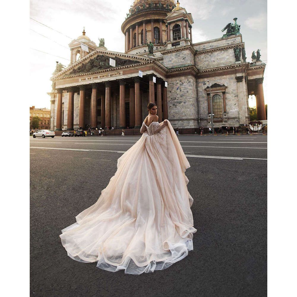 Vintage Long Sleeve Wedding Gowns Off Shoulder Pearls Bridal Dress Sequins Custom Made Beaded Sweep Train Vestido De Novia BC19526 9P25