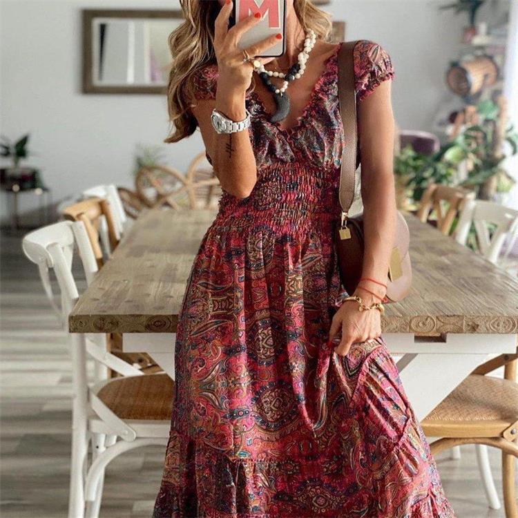 2024 New Bohemian Style Waist-Cinching Long Dress with Printed Flared Hem for Women