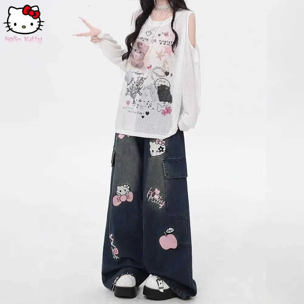 Sanrio Y2K Hello Kitty Loose Anime Wide Leg Pants Cute American Straight Leg Pants Sweet Girls Gift Cartoon Retro Women Jeans L2509251