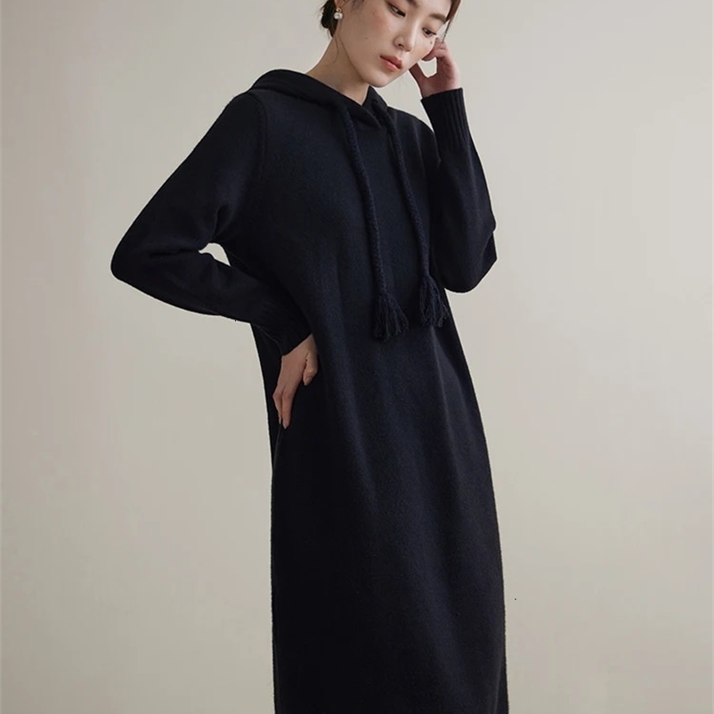 DUSHU Knitted Dress Winter Drawstring Hooded Black Mid Length Dress For Women Office Lady Casual Loose Dress 240703