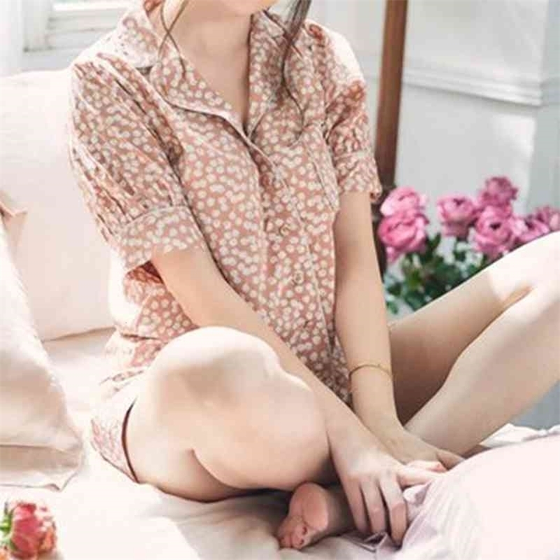 Vintage Print 2 Pcs Women Set Turn Down Collar Short Sleeve Shirt + High Waist Wide Leg Shorts Spring Pajama Suit 210524