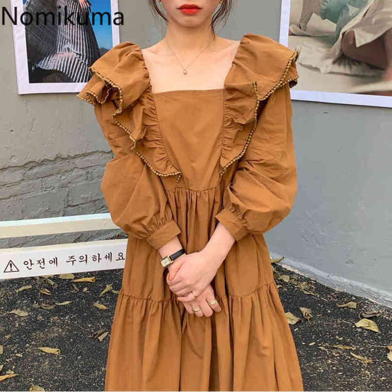 Nomikuma Korean Sweet Double Ruffle Dresses Vintage Square Collar Puff Long Sleeve Vestidos Spring New Women Dress 6E196 210427