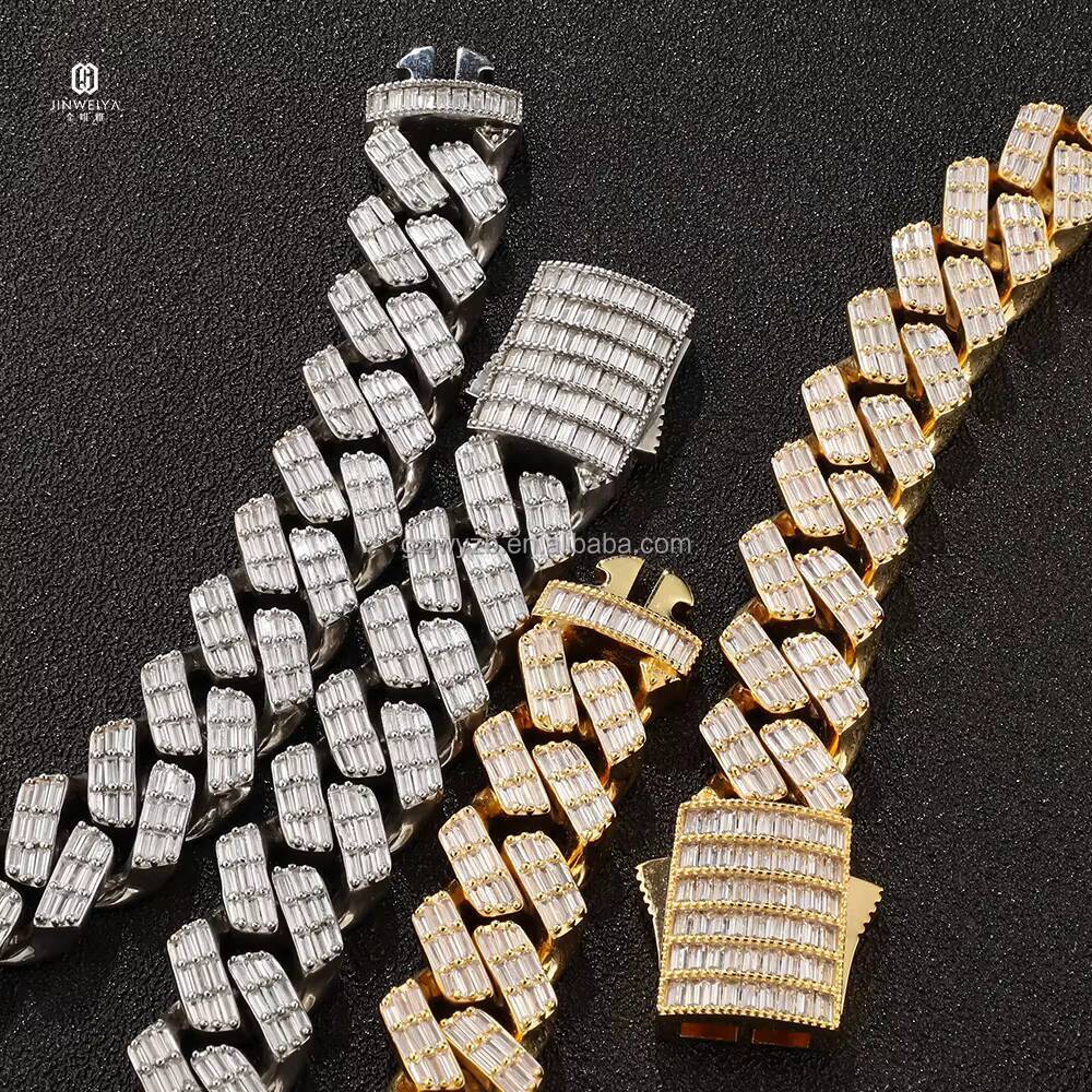 New Arrival Hip Hop Jewelry Diamond Moissanite Iced Out 925 Silver Gold Plated Men Necklace Baguette Cuban Chain