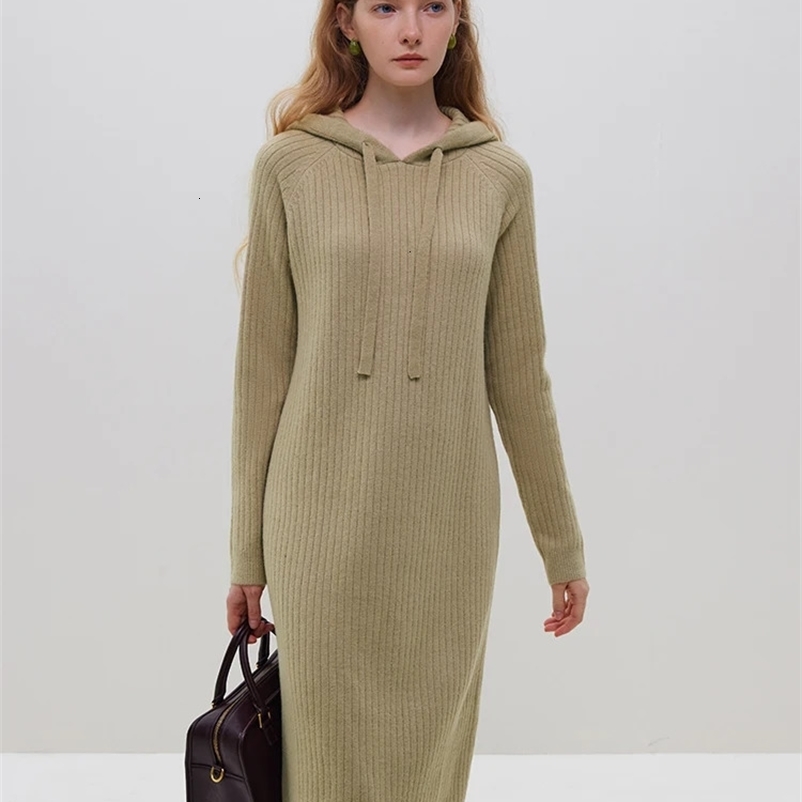 FSLE Retro Casual Hooded Woolen Dress Womens Autumn/Winter Knitted Dress Brown Green High Waist Women Dress 240703