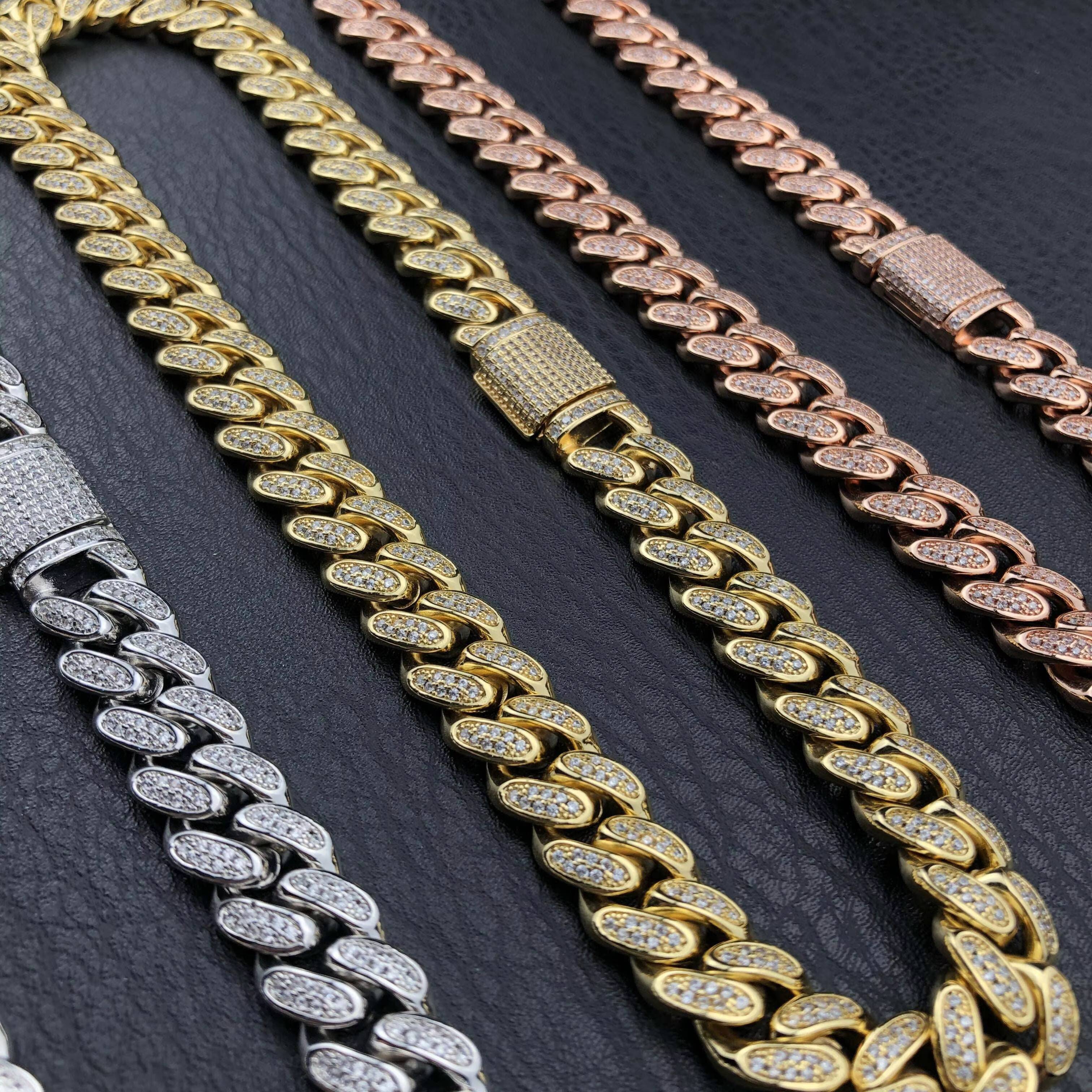 12mm Hip Hop Ice Out Big Box Buckle Cuban Chain Copper Moissanite Necklace in Yellow Gold and White Gold