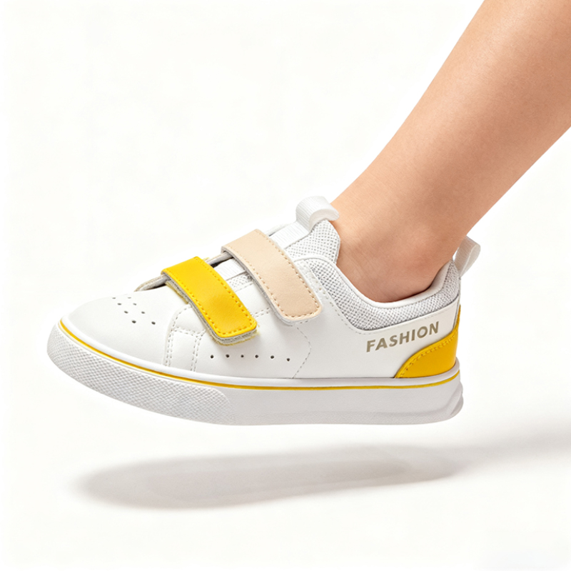 Casual Shoes Kids' Stylish Velcro - Strap Casual Sneakers - White with Yellow & Beige Accents, Ideal for Daily School Wear