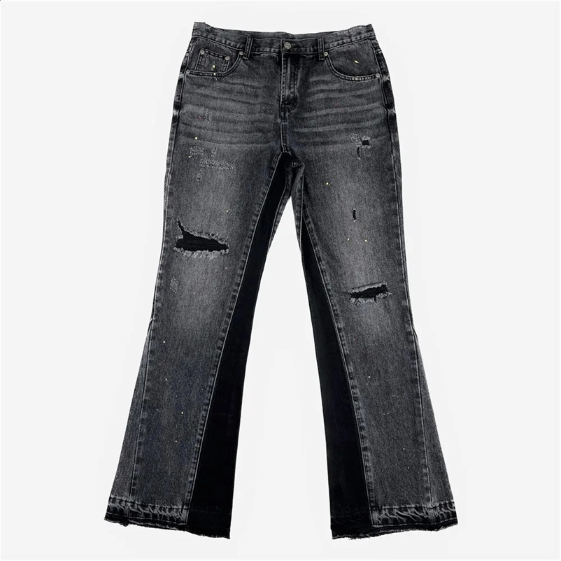 Mens spray paint splatter deconstruction jeans with cracked holes Spring and Autumn streetwear 241203