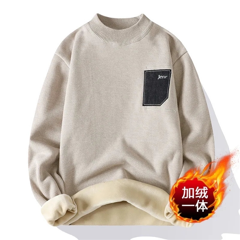Men's Sweaters Men Autumn Winter Sweater Fashion Knitted Mock Neck Thick Fleece Inside Men Solid Color Casual Sweater Pullovers 231026