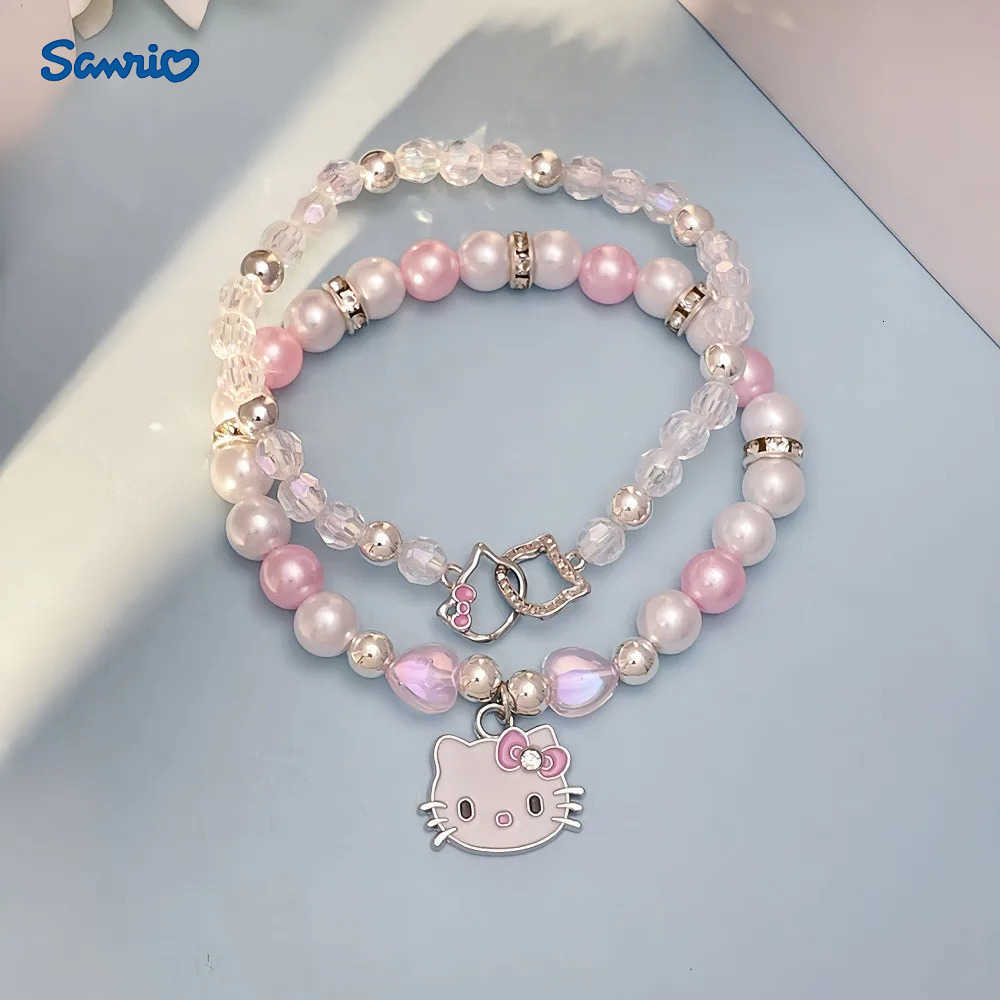 Sanrio 2Pcs Anime Bracelet Set Y2K Hello Kitty Kawaii Cartoon Crystal Beads Bangle Jewelry Gift For Girls Student Accessory L250925