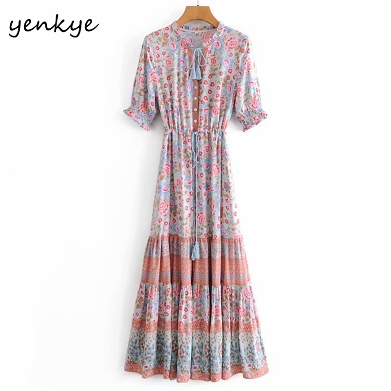 YENKYE Vintage Floral Print Boho Long Dress Women Lace Up V Neck Drawstring Waist A-line Casual Holiday Summer Dress Plus Size 210515