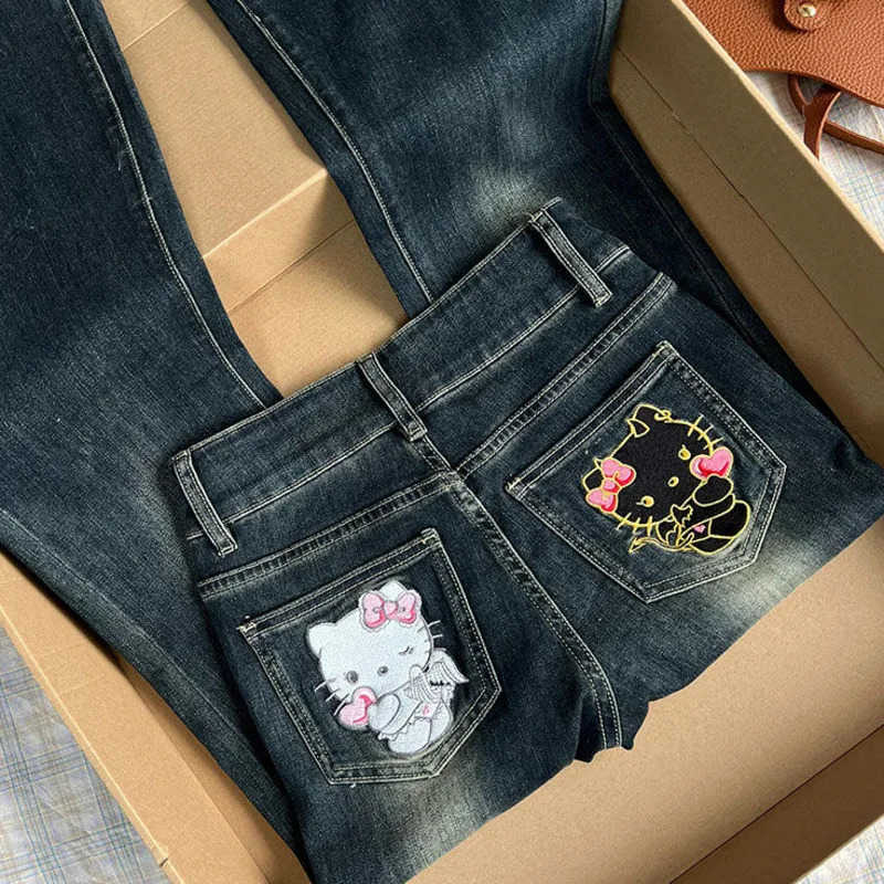 Sanrio American Style Angels Demons Hello Kitty Embroidery Jeans for Women New Autumn Streetwear Girl Trendy Flared Long Denim Pants L250925