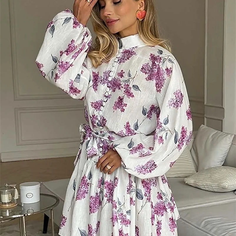 Oymimi Fashion White Stand Collar Womens Dresses Elegant Long Sleeve Print Dress Casual Button Lace-Up Pleated Dress Streetwear 240703