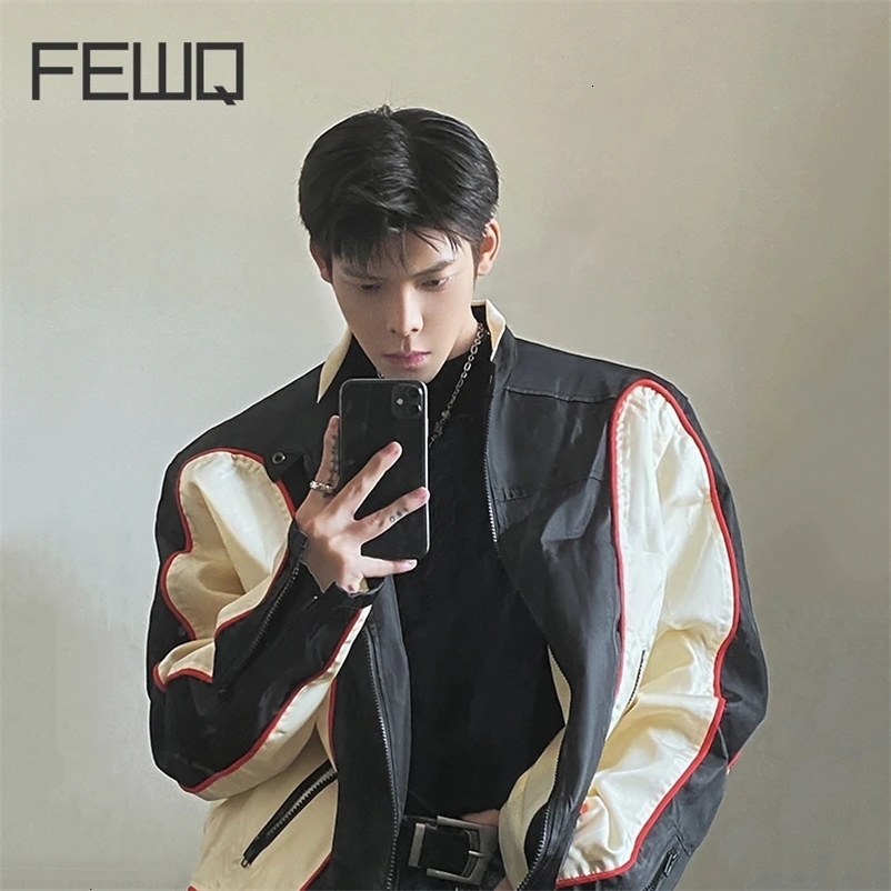 FEWQ American Style High Street Dark Handsome Mens Jacket Top Zipper Contrast Color Round Neck Male Tops Fashion 24X1544 240716