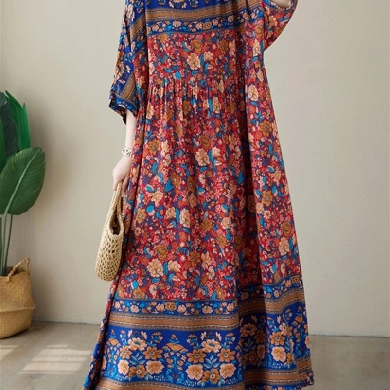 Oversized Flower Floral Print Summer Long Dress Women Loose Ruffle Pleated Modis Casual Ladies Dresses Short Sleeve Woman Dress 240703