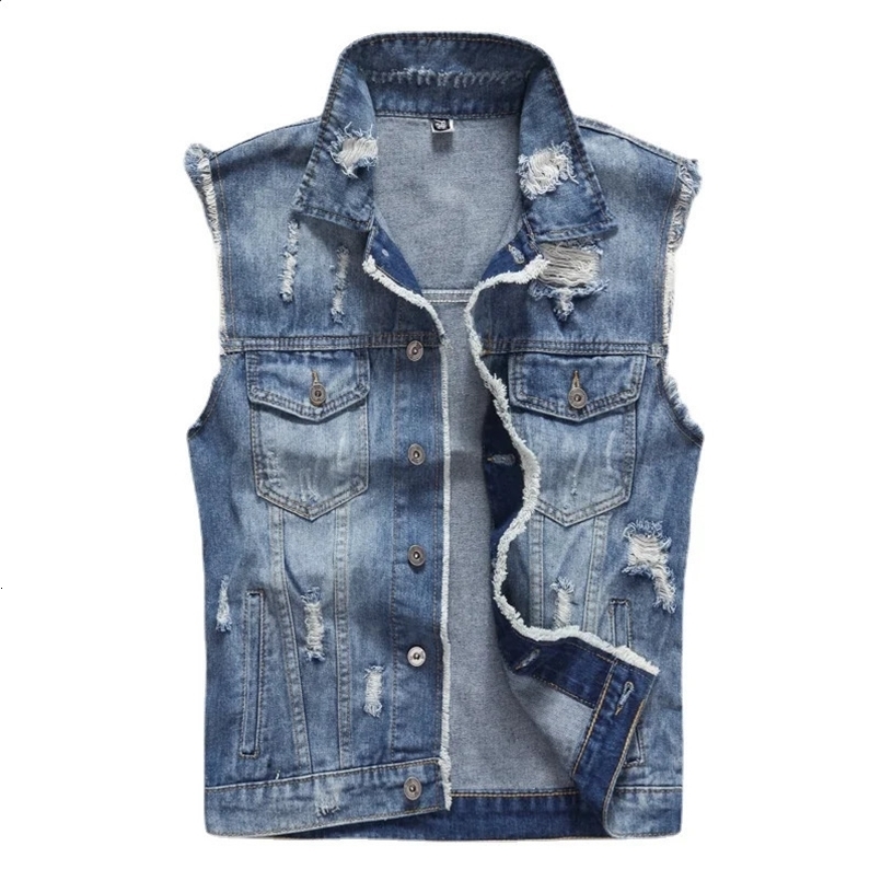 Men Ripped Denim Waistcoats Vests Jackets Light Blue Holes Denim Coats Vests Fashion Male Cotton Slim Jeans Waistcoats 5XL 250206
