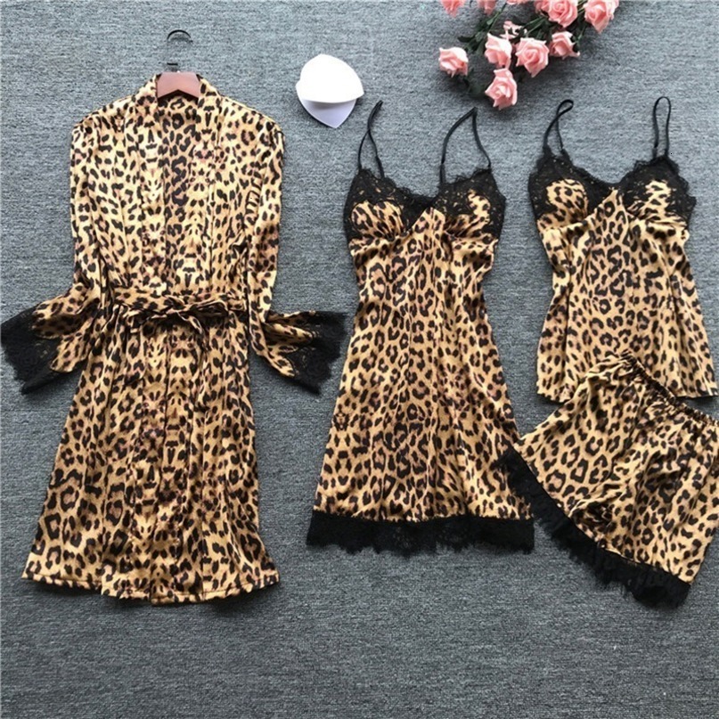 Womens Sleepwear Leopard Print Sexy Women Pajamas Sets Satin Pijama Silk Home Wear Embroidery Sleep Lounge Pyjama Nightwear Lingerie 230601
