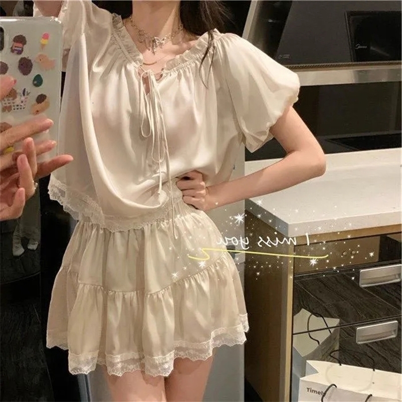 Women's Sleepwear Silk Pajamas For Women Set Summer Pyjamas Women Thin Outer Wear Home Clothes Loose Solid Color Lace Kawaii Style Two-Piece Set 