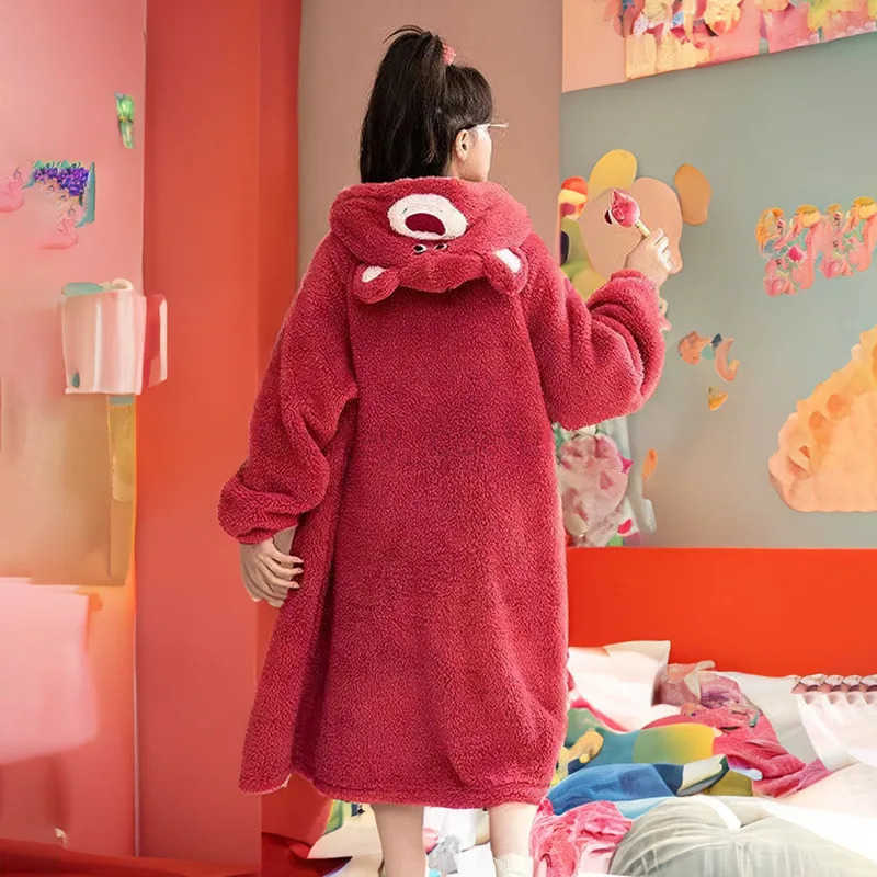 Disney Lotso Plush Robe Sleepwear Women Winter Coral Velvet Flannel Warm Pajama Set Girls Hooded Hood Nightgown Set H250926