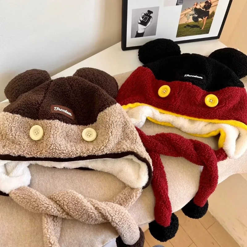 Disney Mickey Mouse Earflap Hat Plush Winter Hooded Kawaii Beanies Anime Creative Couple Men Women Home Soft Fluffy Earmuffs Hat H250926