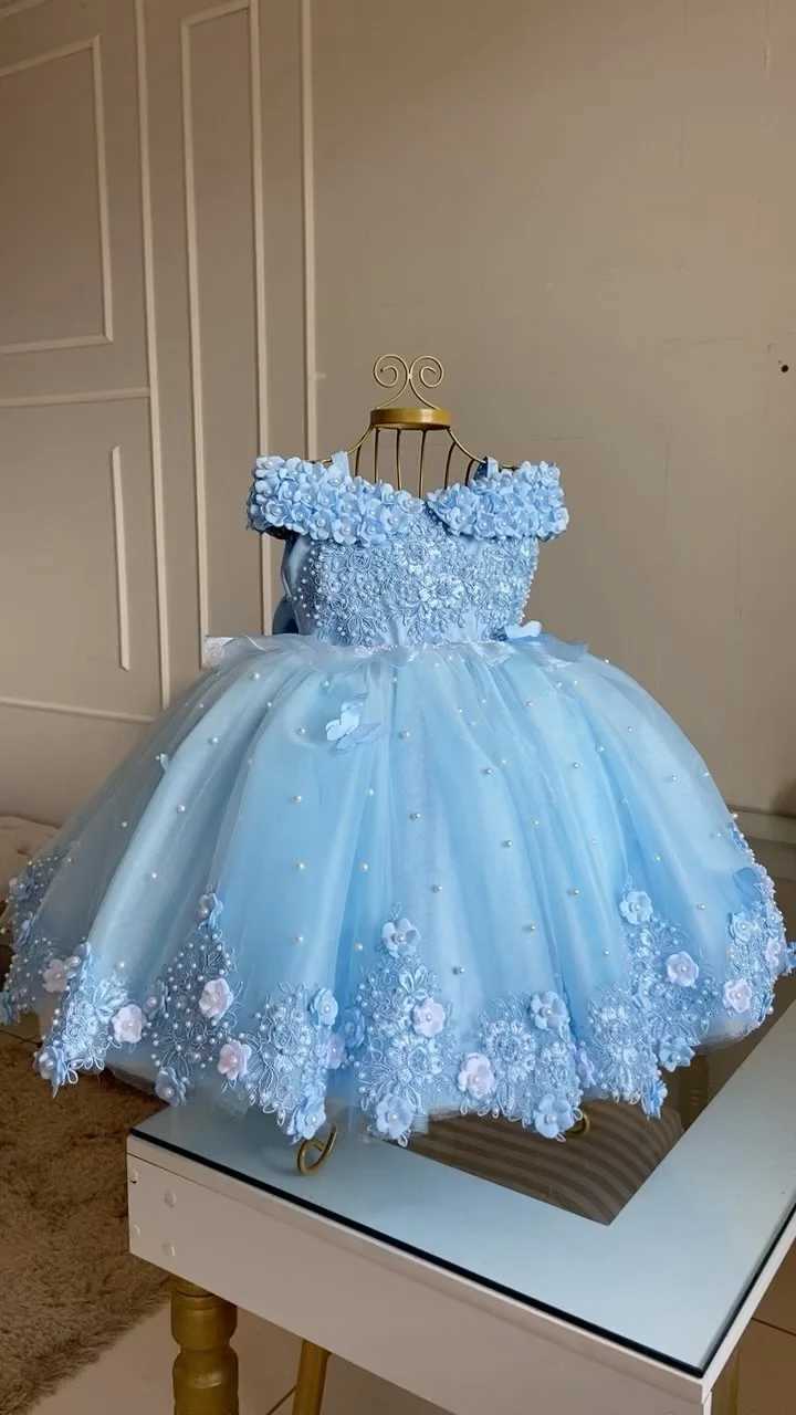 White Green Flower Girl Dress For Wedding Applique Tulle Short Sleeve Pearl Princess Kids Birthday First Communion Ball Gown Z250926