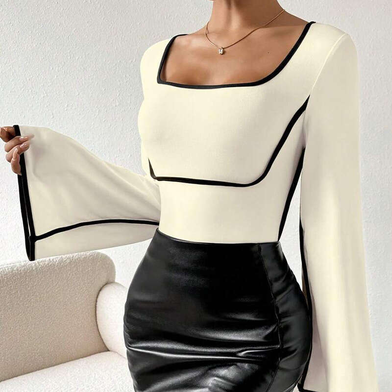 2025 Autumn Winter New Style Patchwork Flared Square Neck Long Sleeve T-Shirt for Women Elegant Versatile Women's Clothing