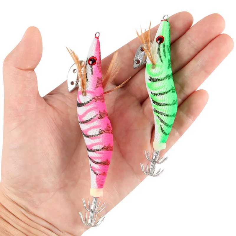 5pcslot Fishing Wood Shrimp Luminous Squid Octopus Lure 3D Eyes Fishing Lure Hard Bait Wobbr Squid Jig Lure W250926