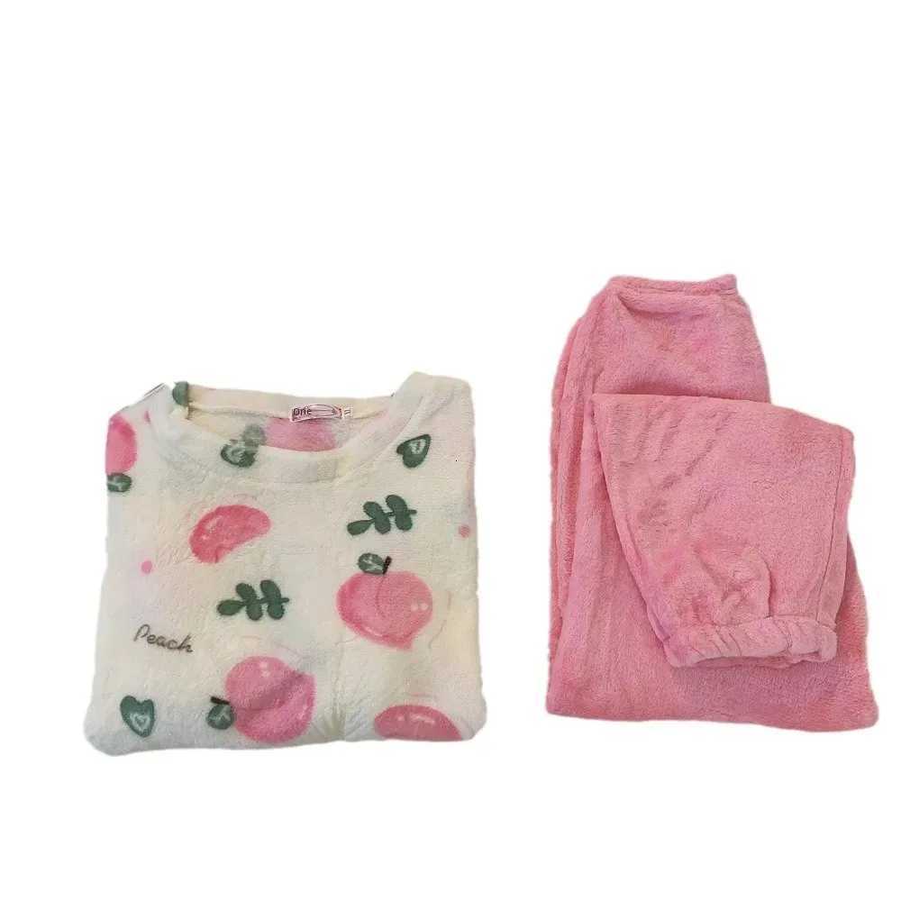 Womens Autumn Winter Flannel Thickened SweetCute Korean Style Coral Velvet Round Neck Sleepwear Home Suit Pajamas Set Z250925