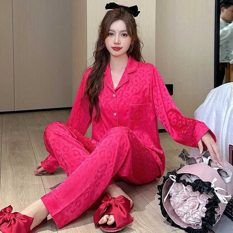 3XL Plus Size Leopard Pattern Spring New Ice Silk Pajamas Women Long Sleeved Pants Set Can Be Worn Outerwear Sleepwear Z250925