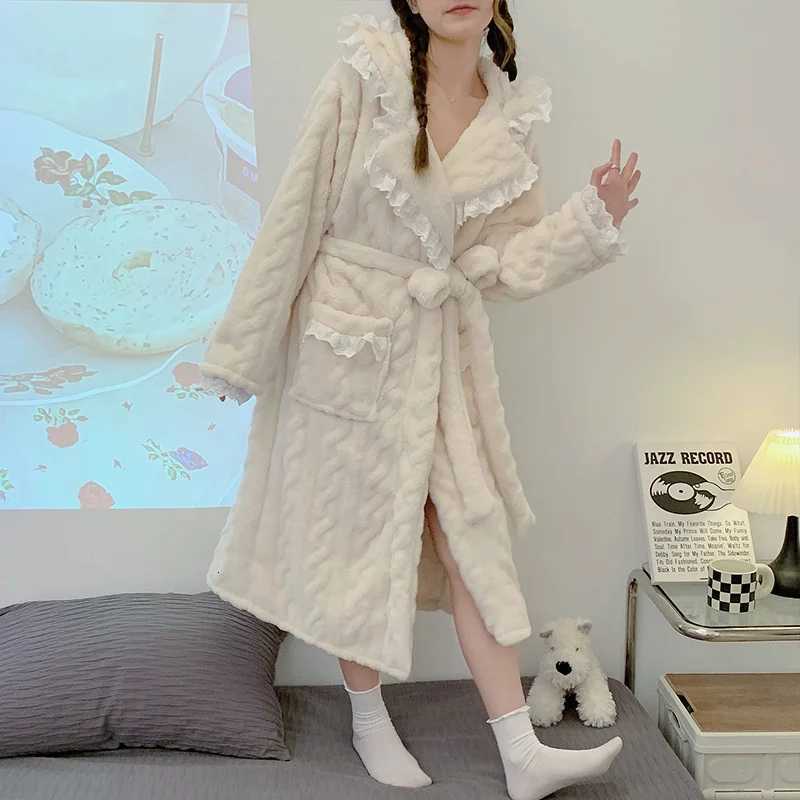 2023 New Autumn Winter Nightgown Women Sweet Sexy Coral Fleece Thickened Long Pajamas Warm Bathrobe Home Wear Z250925