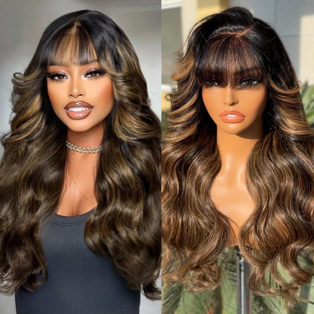 Highlight Ombre Blonde Body Wave Human Hair Wig With Bangs 13x6 HD Lace Frontal Wig Glueless Preplucked For Wemon Brazilian Hair Ready To Wear pelucas