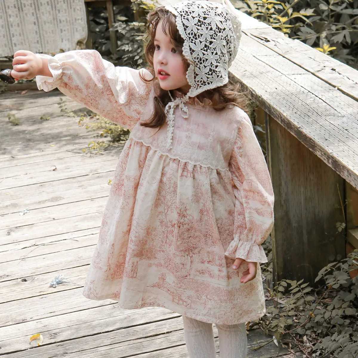 Autumn Infant Baby Girl Dress Ins Korean Bubble Sleeve Roundneck Toddler Kids Girls Dress Watercolor Painting 28Y Girls Dress Z250926