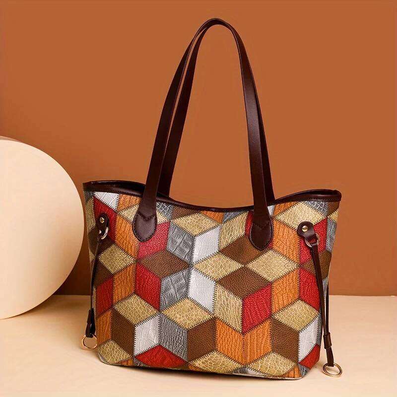 Ladies' Leather Patchwork Tote Contrasting Color Handbag Large Capacity Mother And Child Bag