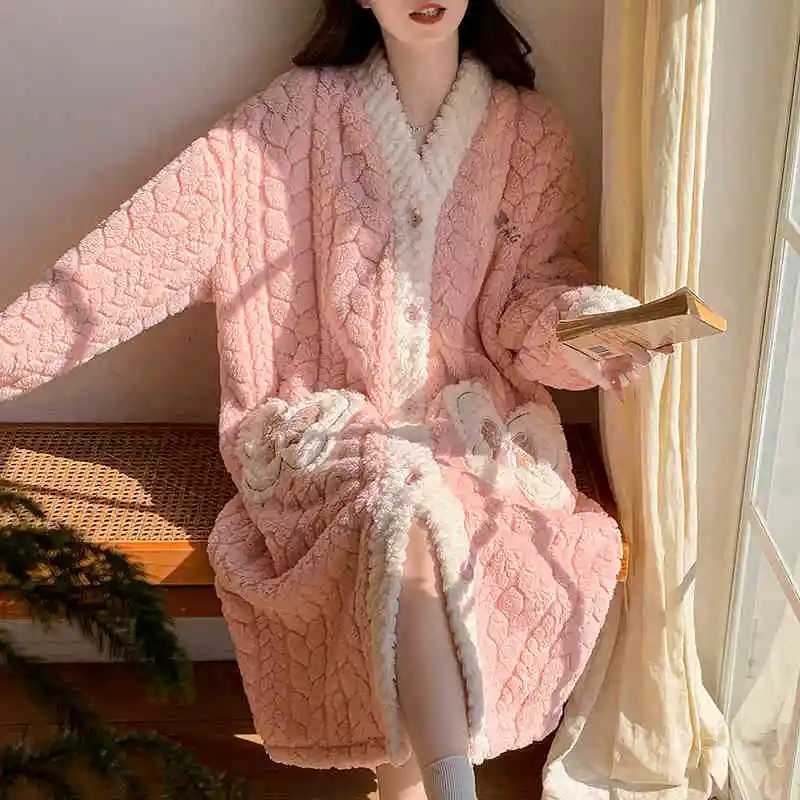 Warm Nightgown Flannel Robe Warm Bathrobe Womens Long Sleeve Pajamas Long Robes Thick Loungewear Flower Coral Fleece Cardigan Z250925