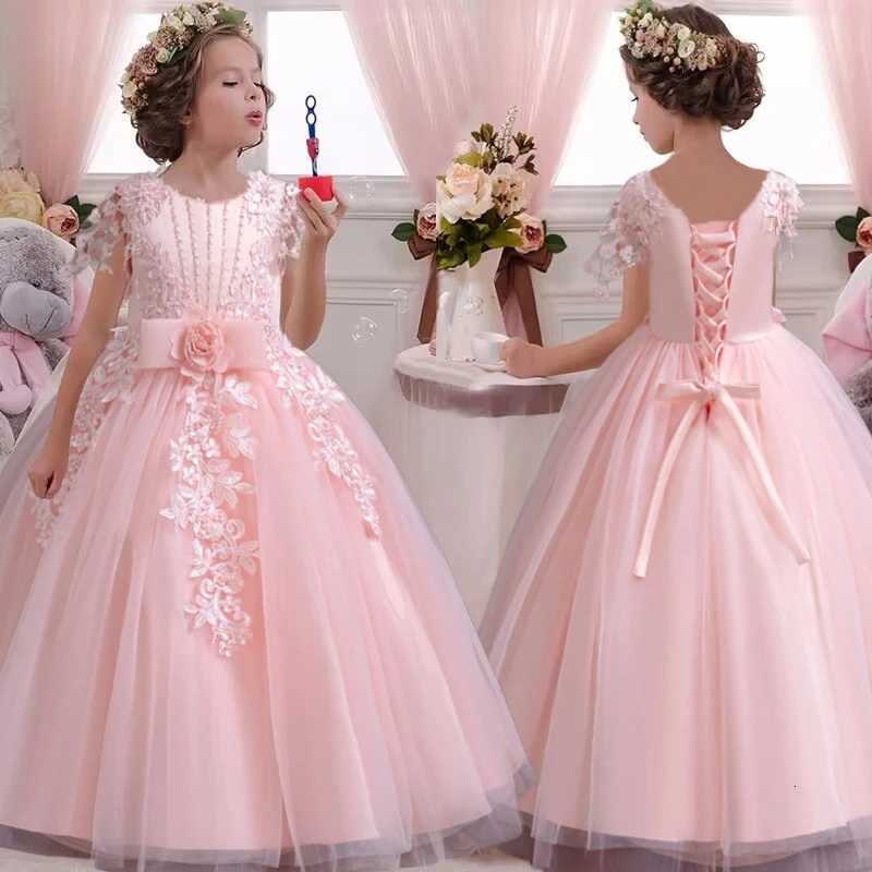 Lace up Tulle Flower Girl Dress Chest with flowers First Communion Ball Gown Wedding Party Bridesmaid Dress Kids 12Y Z250926