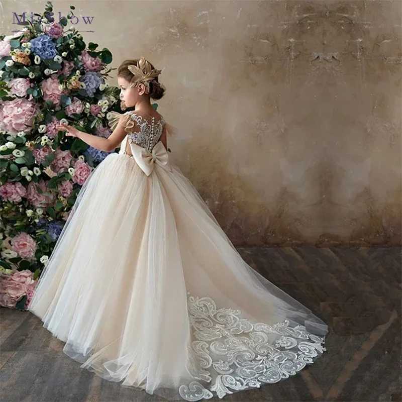 MisShow Flower Girl Dresses Long Train Floor Length Princess Ball Gown Sleeveless Button Appqulies Tulle Beads With Bow Z250926