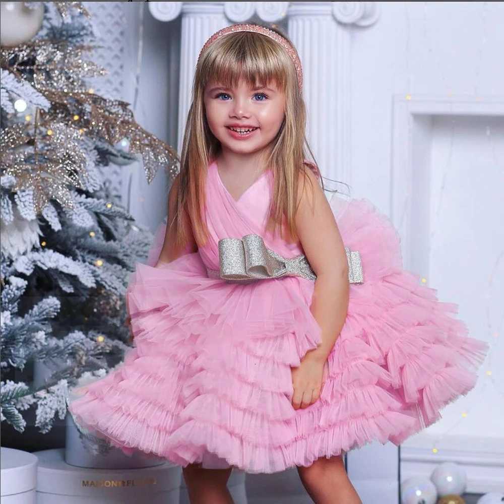 Summer Pink Tulle Girl Party Dresses Vestidos Fluffy Bow Birthday Princess Flower Girls Dress For Kids Wedding Children Clothing Z250926
