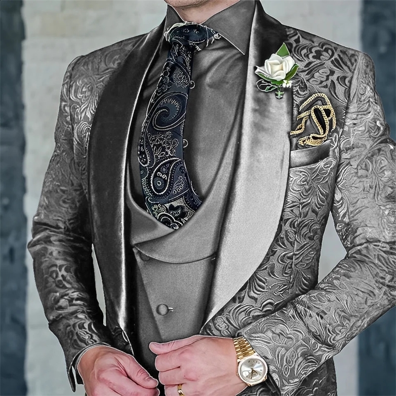 Jacquard Mens 3-piece Suit Set Formal Party Dress Grooms Tuxedo High Quality Elegant Mens Customized Outfit 240819