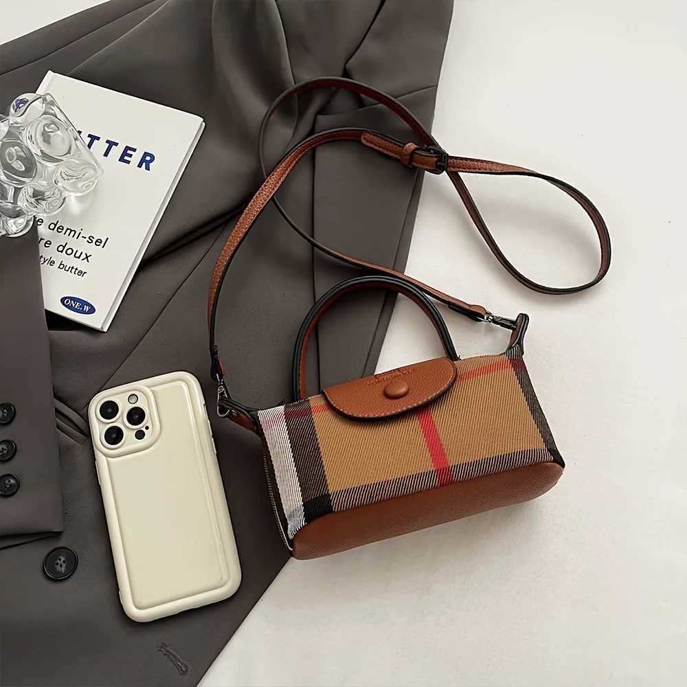 Retro Fashion Leather Small Bag Work Commute Casual Mini Tote Dumpling Bag Plaid CrossBody BagW250926