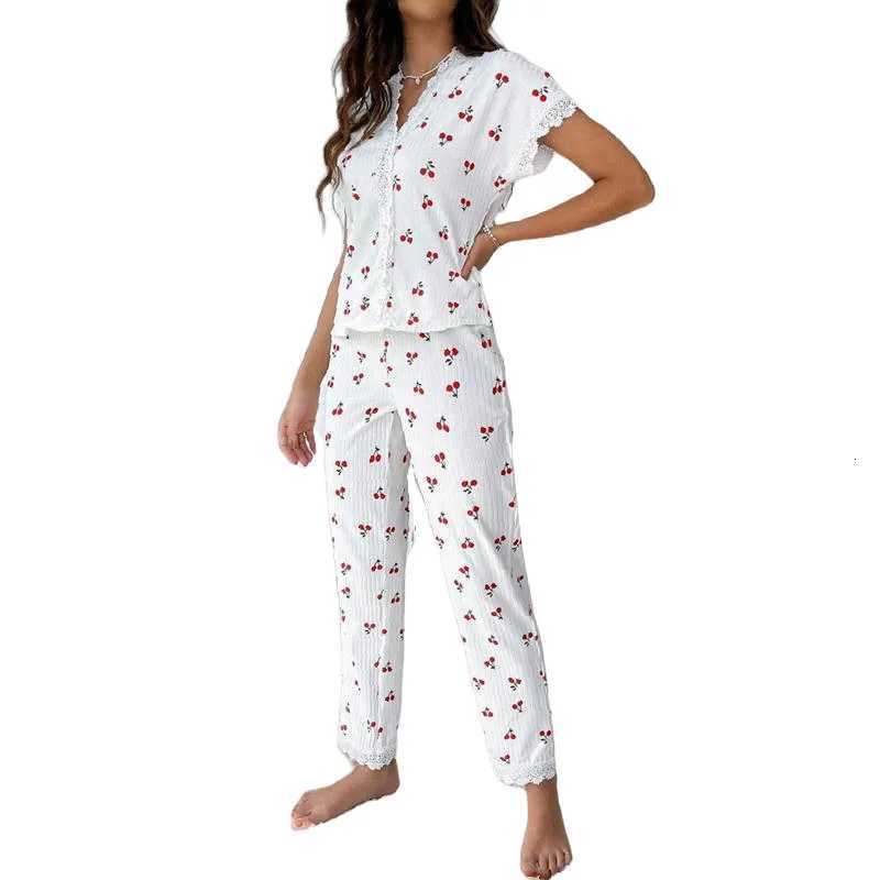 Lace Trim Women Pajama Set Short Sleeve Front Button Top FullLength Pants Cherry Print 2 Pieces Sleepwear Nightwear Homewear Z250925