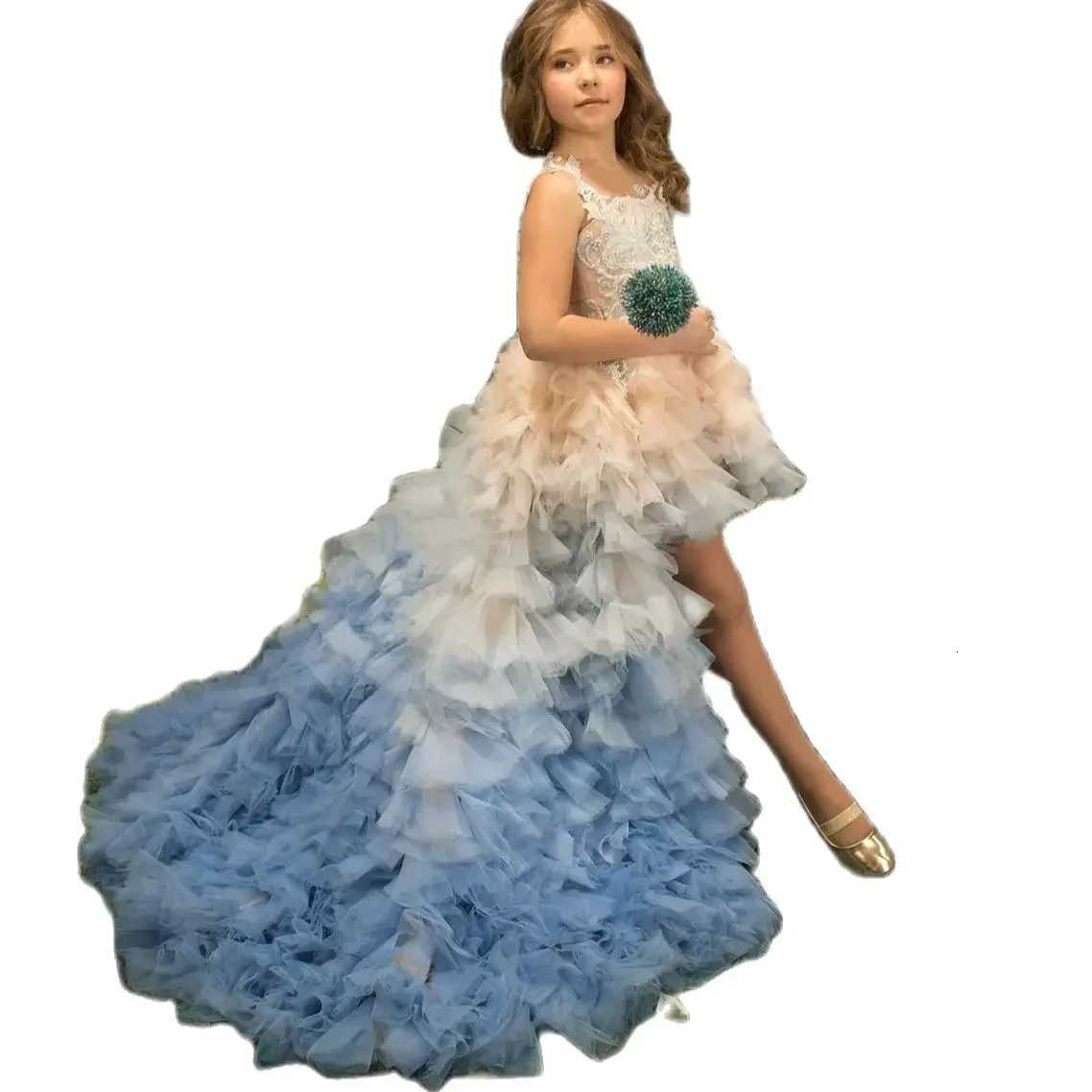 Tiered Tulle Flower Girl Dresses For Wedding With Detachable Train High Low Toddler Girls Pageant Dress Kids Party Ball Gown Z250926