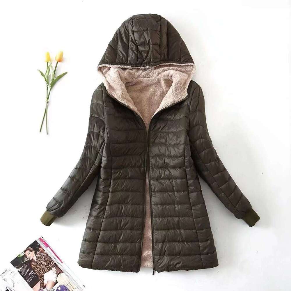 Autumn Winter New Fleece-Lined Hooded Jacket for Women, European and American Style, Student Lamb Wool Coat, Mid-Length Cotton Jacket, Small Trendy Co