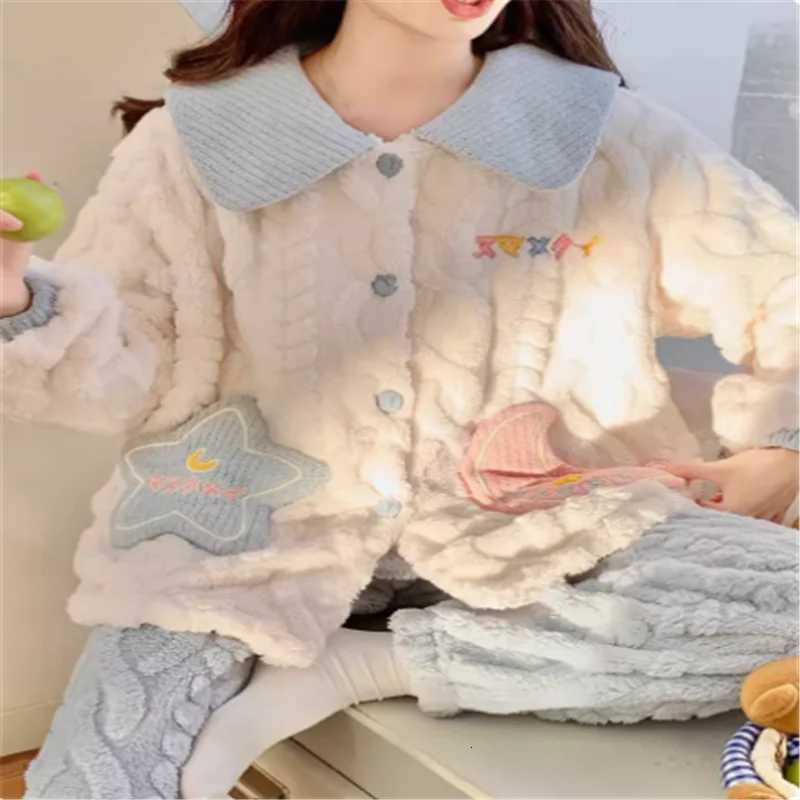 2024 New Coral Fleece Pajamas Women Thick Suit Lapels Cartoon Sweet Girls Flannel Loungewear Casual Warmth Famale Sleepwear Sets Z250925