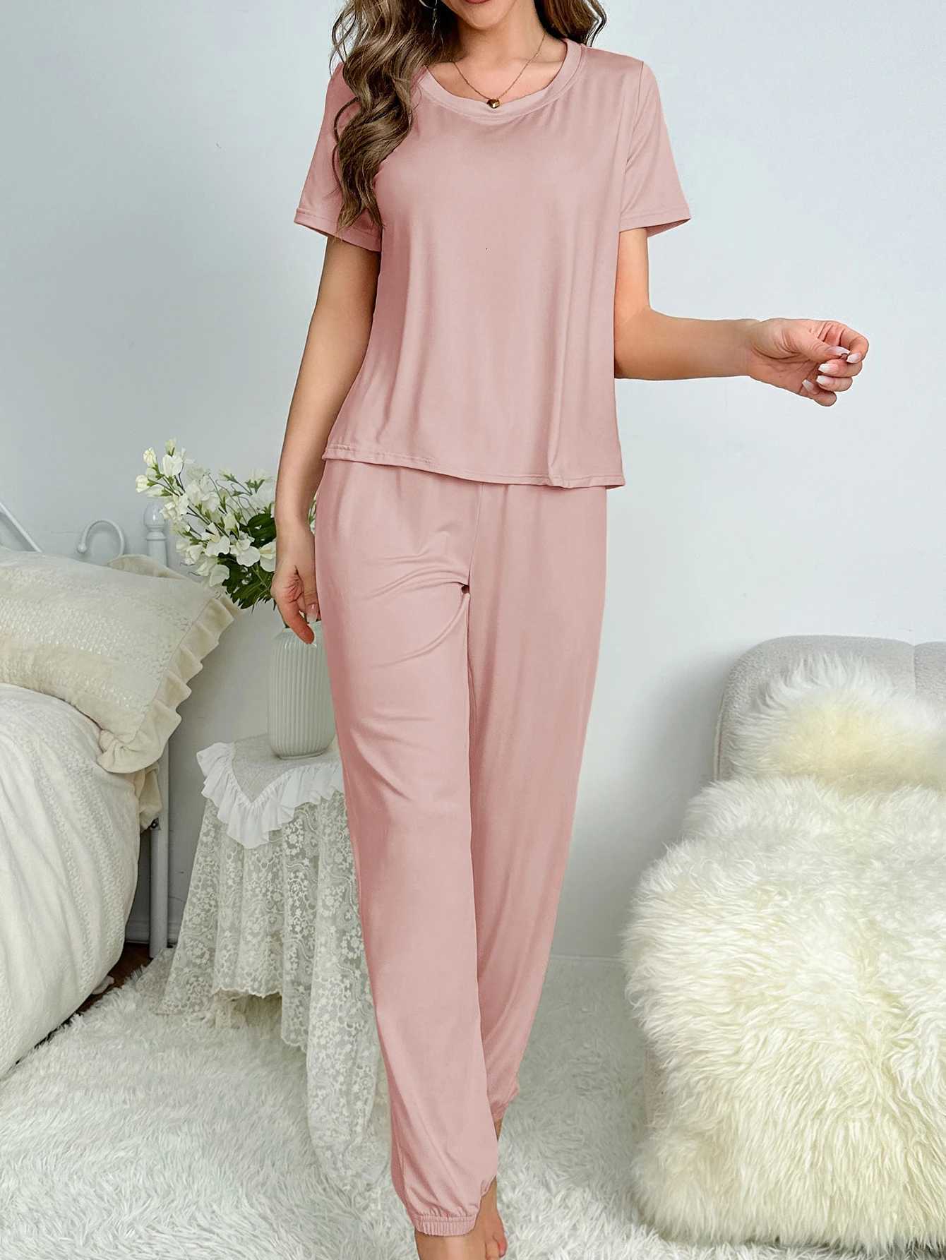 Womens new style pajamas short sleeve trousers elegant casual twopiece solid color home wear Z250925