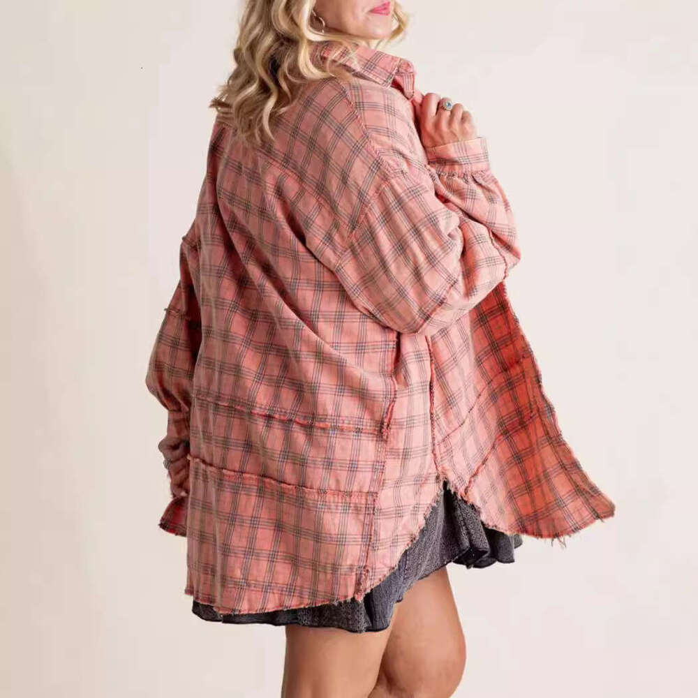 2025 Cross-Border European and American Foreign Trade Women's Clothing Autumn Winter New Frayed Lantern Sleeve Loose Plaid Shirt