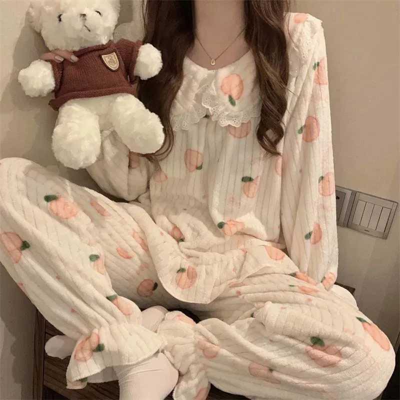 Cartoon Women Pyjamas Warm Flannel Sleepwear Pajama Sets Girl Pijama Set Suit Pant Home Korean Peach Sleep Lace Sleepwear Z250925